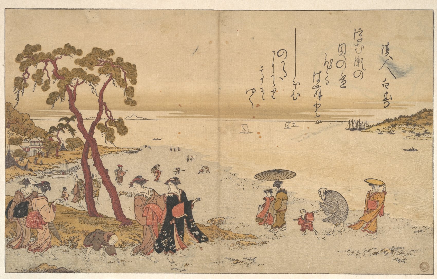 Utamaro's print of women and children gathering shells on a shore at low tide, a pine on the left.