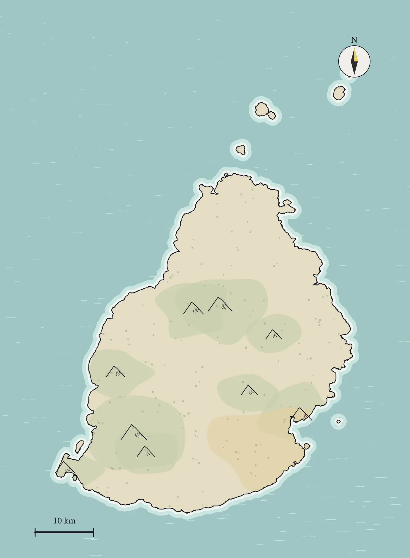 Map of Mauritius drawn in ink, with Port Louis, Le Pouce, Grand Port, Mahébourg, Mare aux Songes and Île d'Ambre marked.