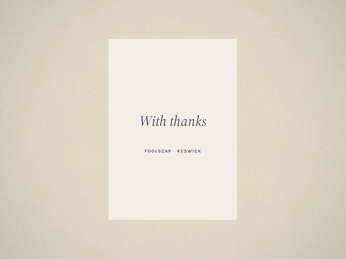 Letterpress card, With thanks, photographed on the counter