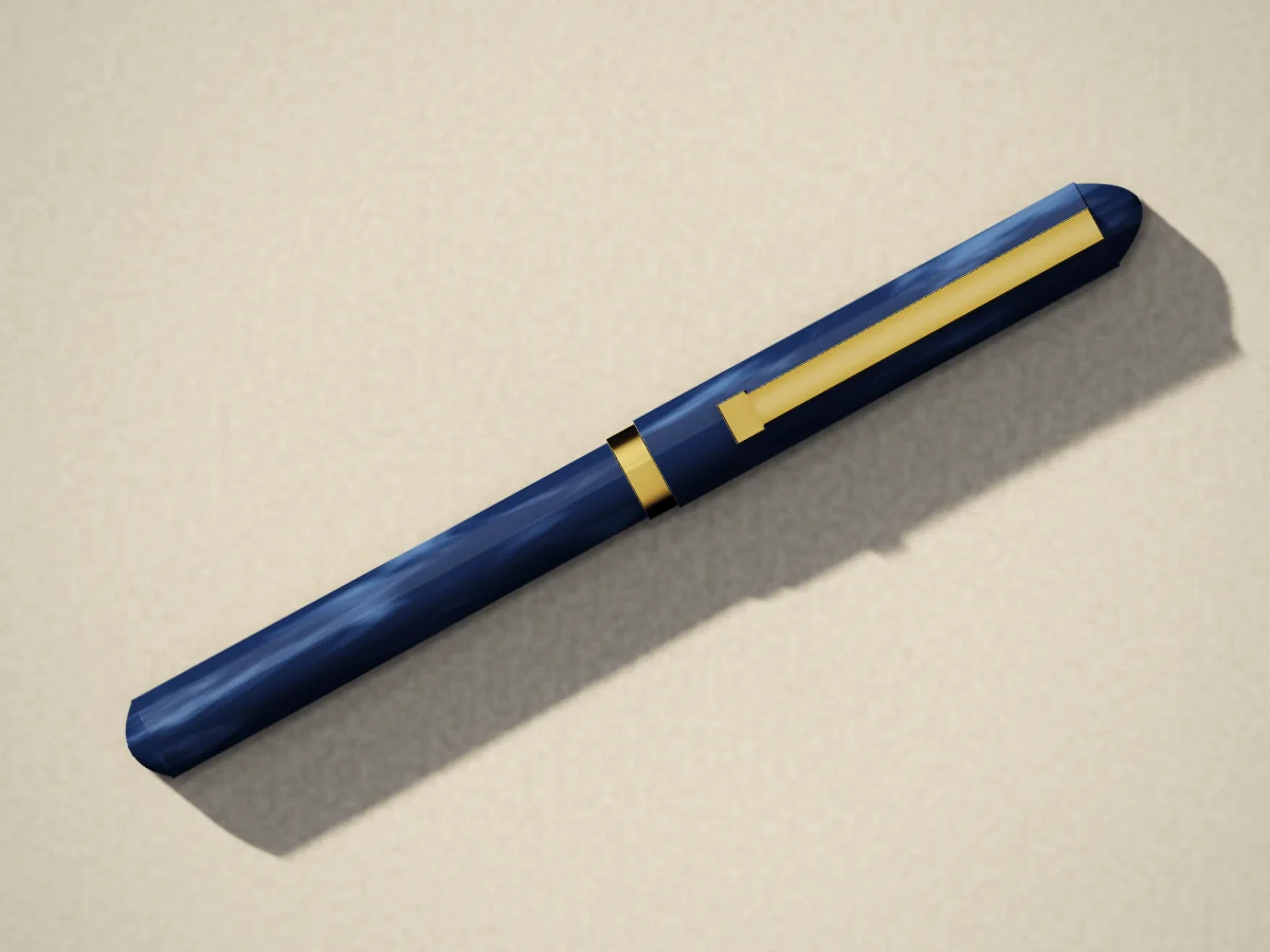 Fountain pen, steel nib, photographed on the counter