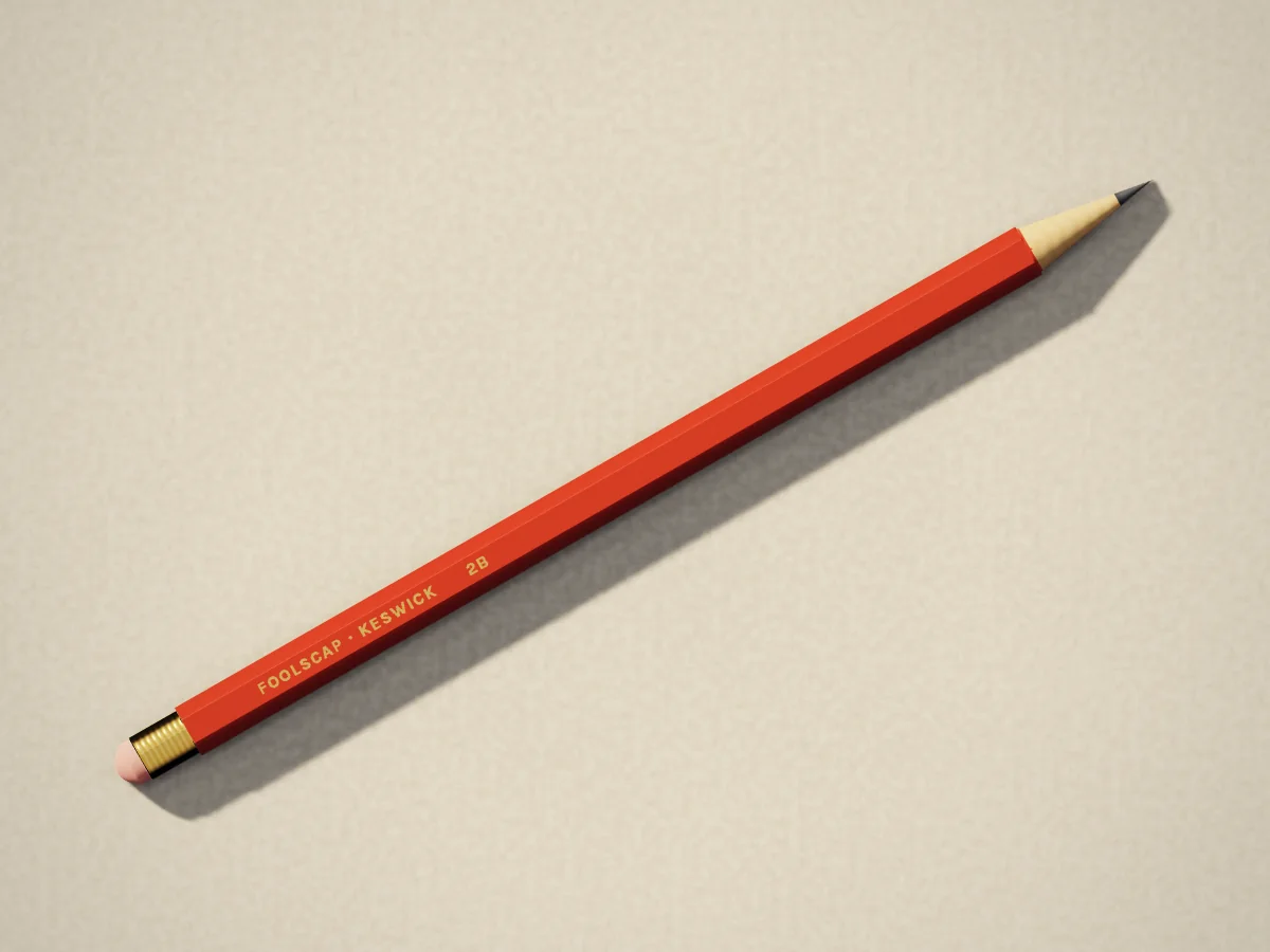 Foolscap pencil, 2B, with rubber, photographed on the counter