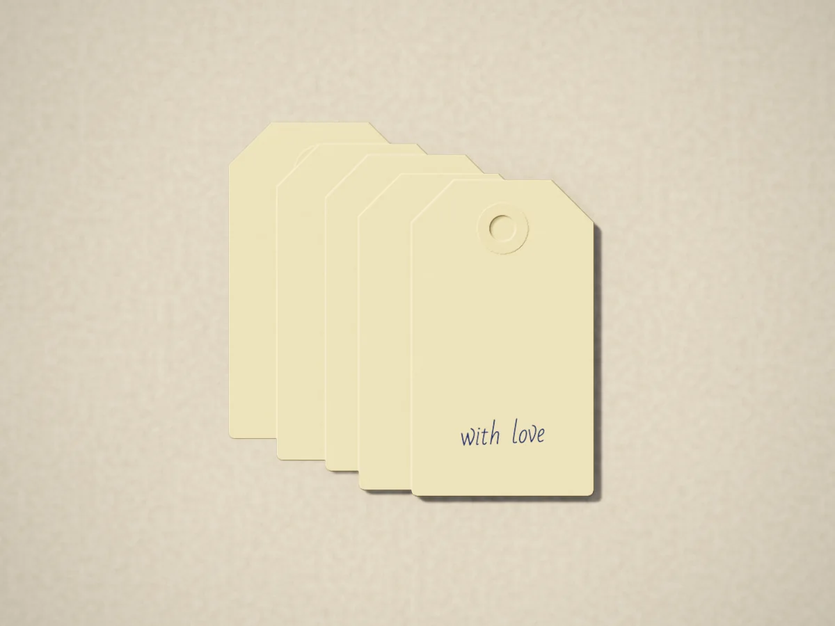 Gift tags, photographed on the counter