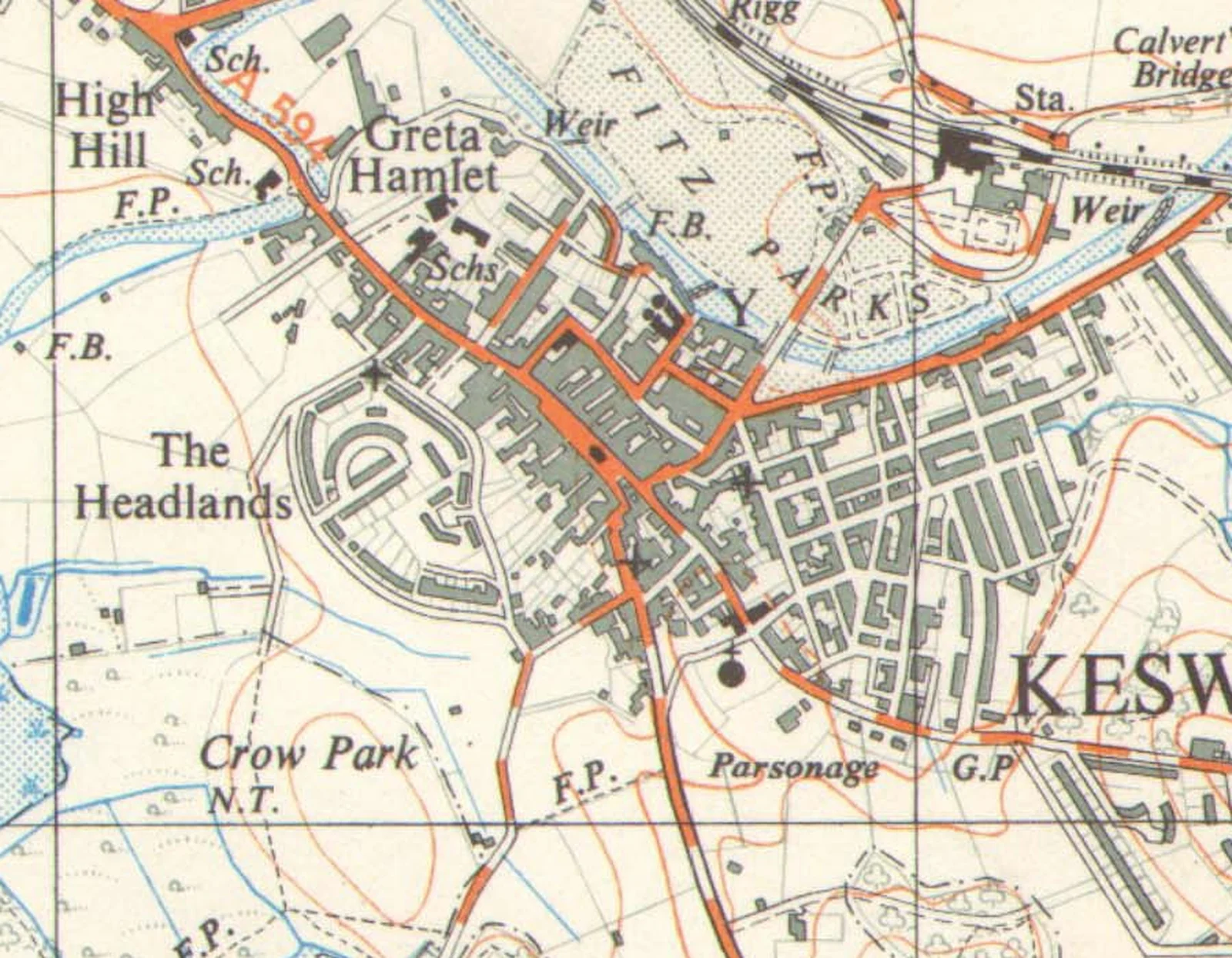 Keswick town centre on the 1952 Ordnance Survey map, with Foolscap marked on Lake Road just south of the Moot Hall