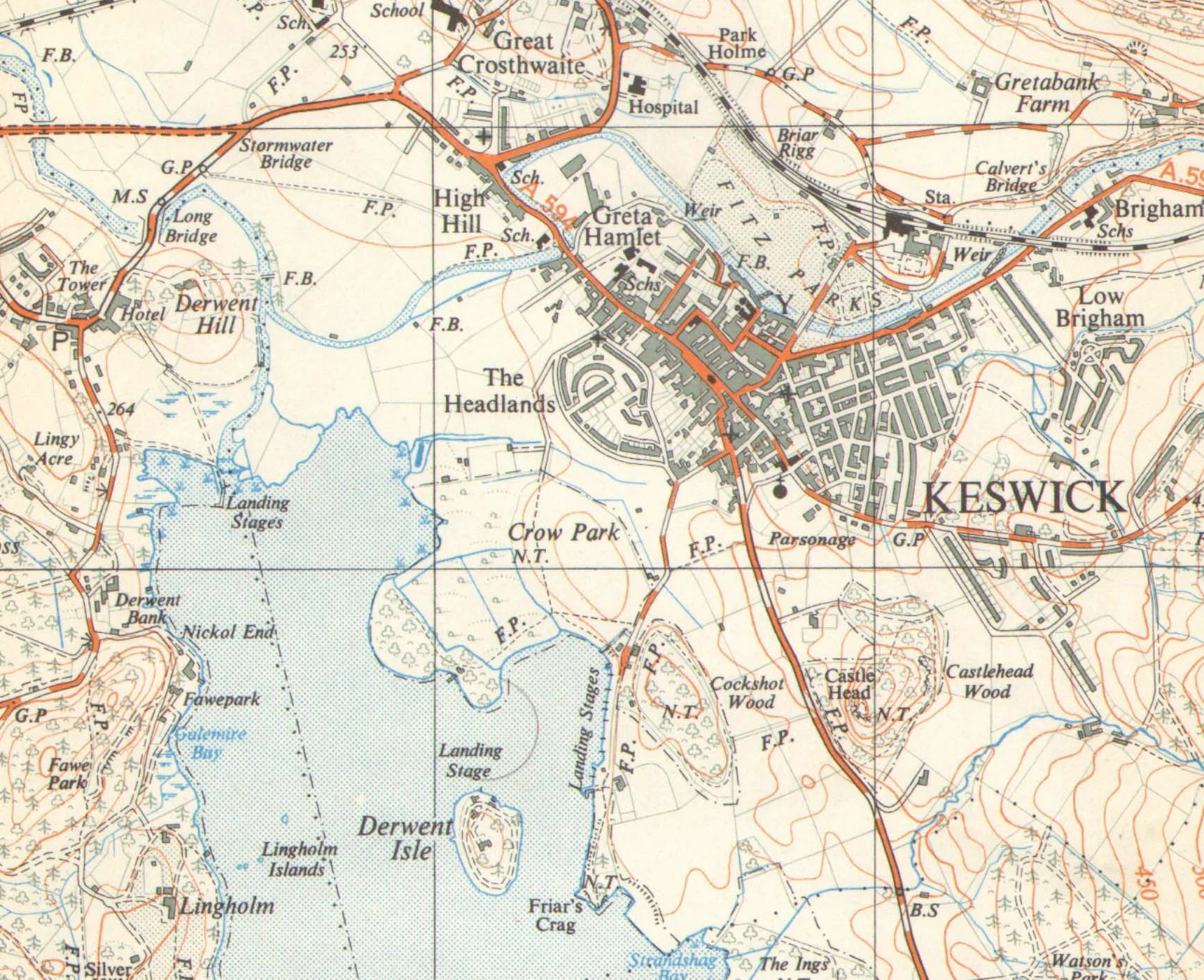 Keswick and the north end of Derwentwater on the 1952 Ordnance Survey map, with Foolscap marked on Lake Road