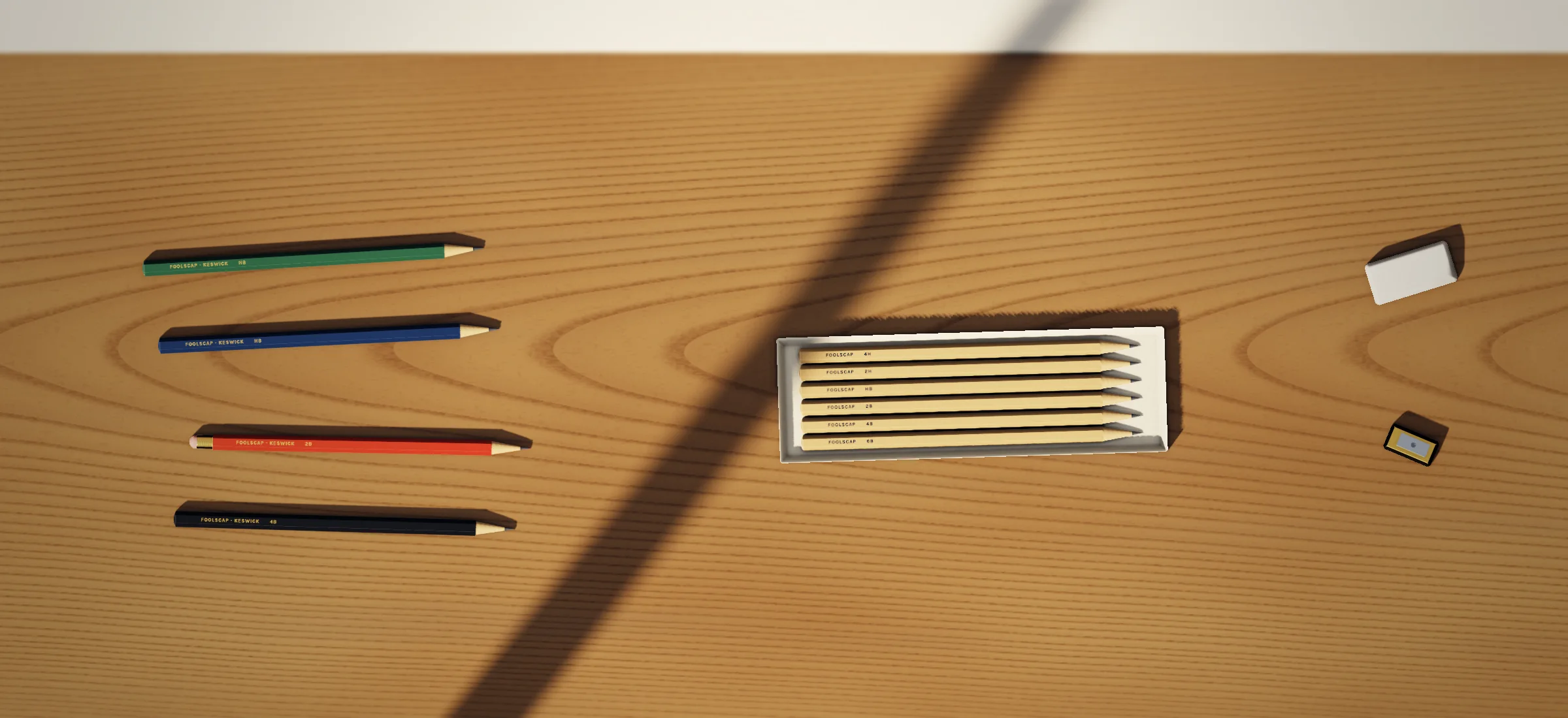 Pencils on the shelf: foolscap pencil, hb, foolscap pencil, 2b, with rubber, drawing set, brass sharpener