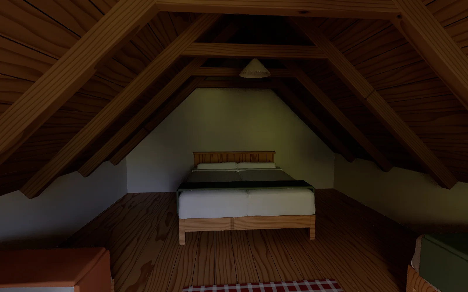 The other end of the attic: the double bed under the sloping roof.