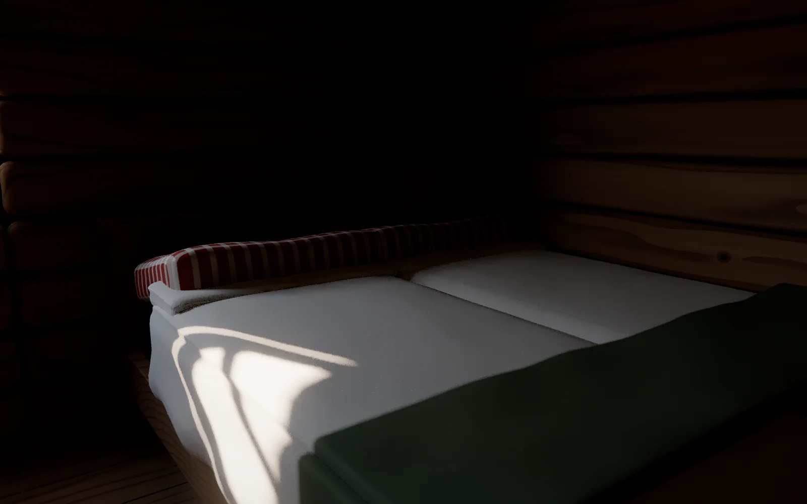 Morning sun from the small window lying across the bed in the Kornkasten.