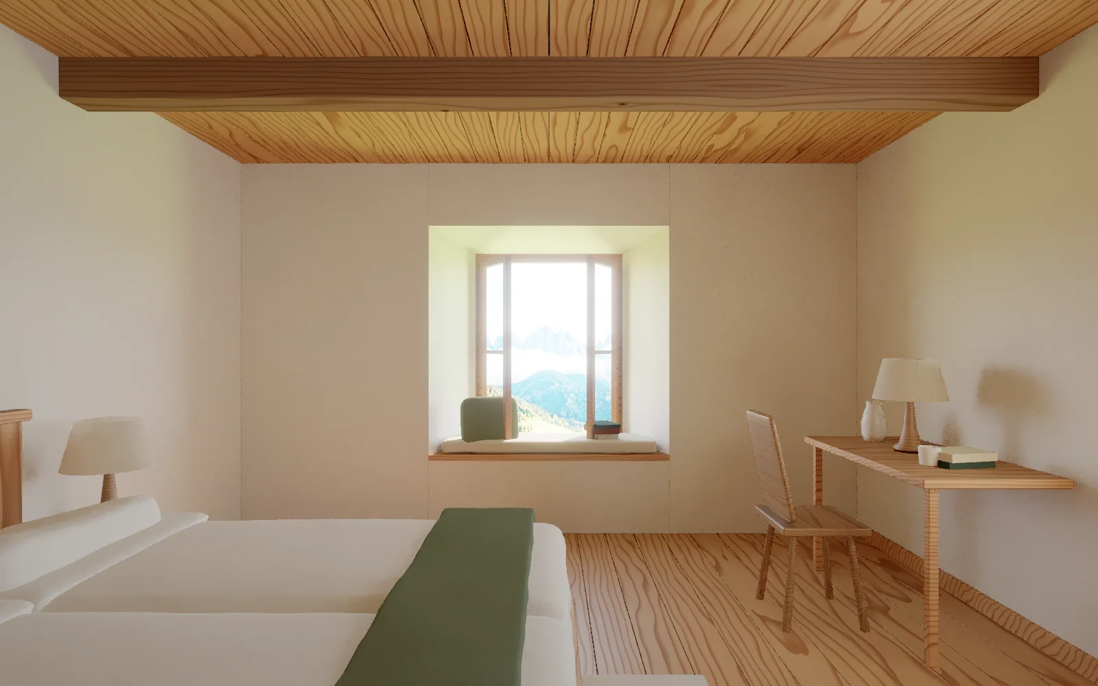 The Lärche room in daylight: the double bed with a loden runner, the writing table and the deep window.