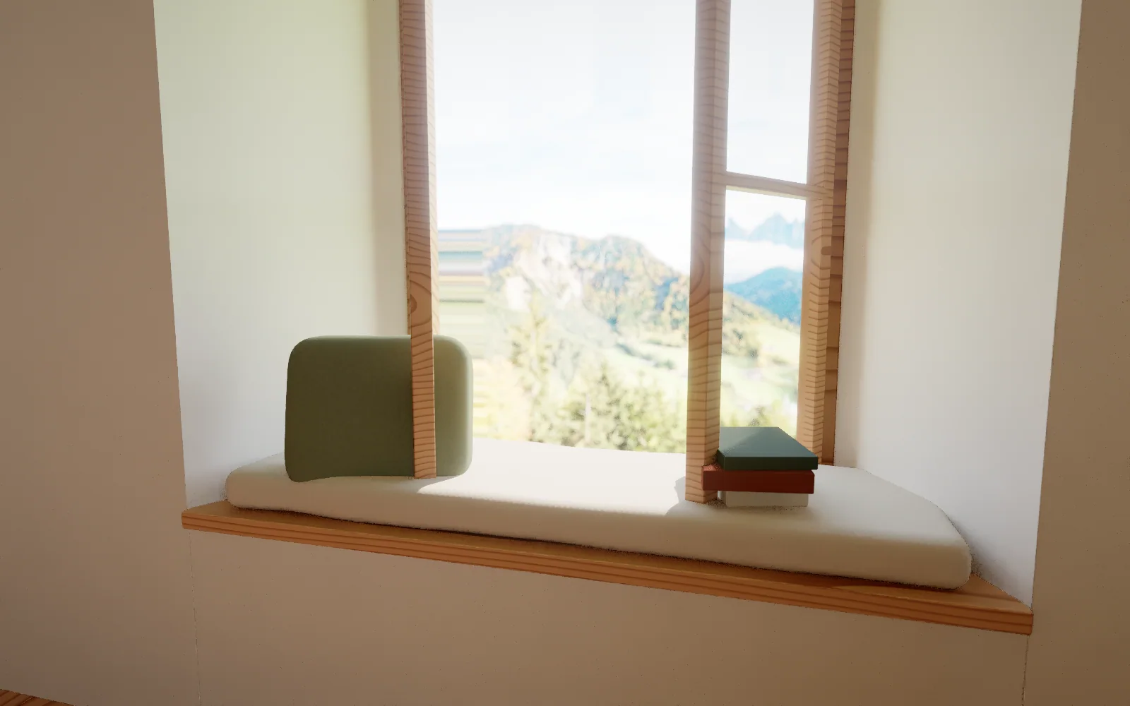 The window seat in Lärche: a long cushion, a back cushion, a stack of books and the valley beyond the open casements.