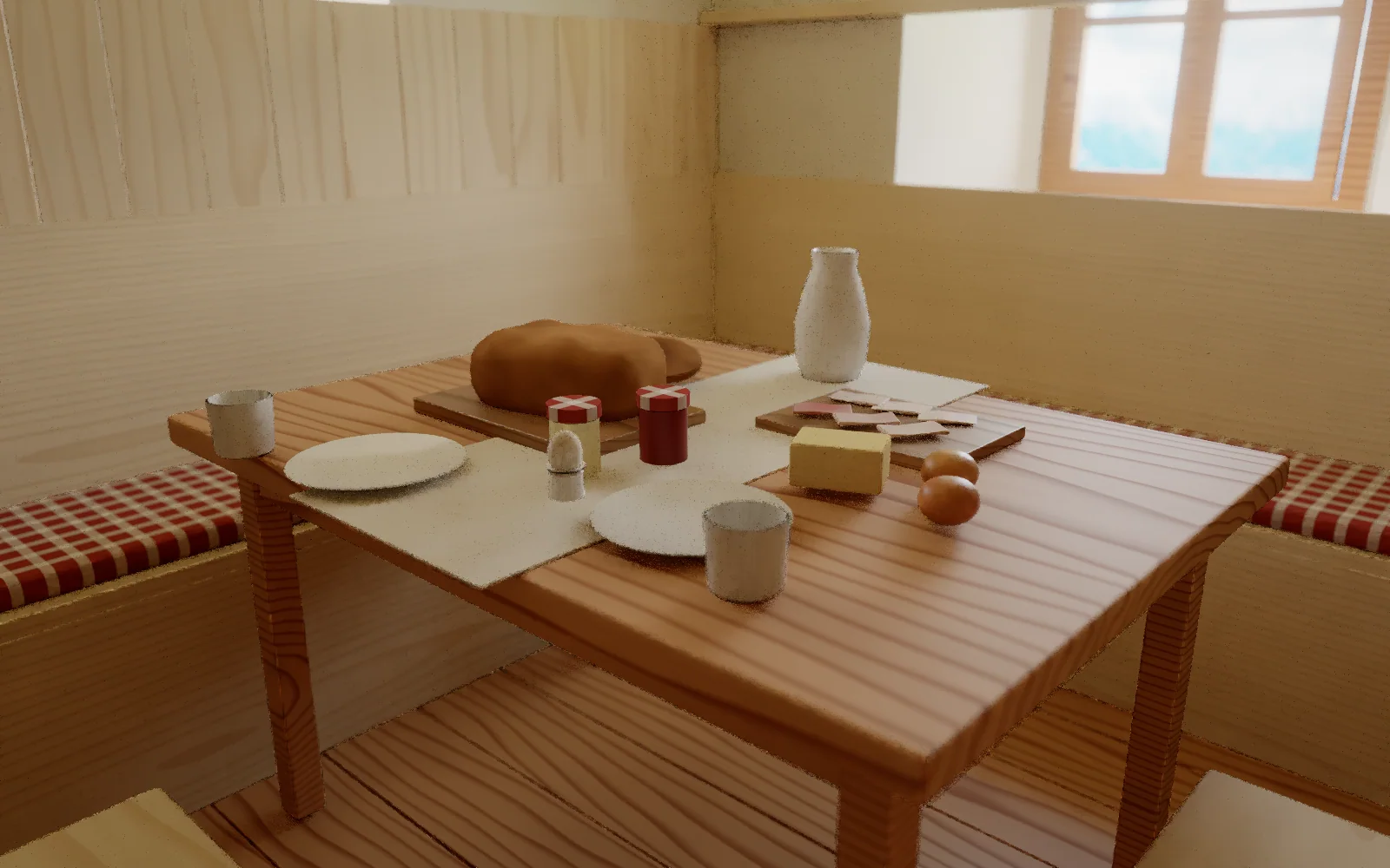 The breakfast table in the Stube: a loaf on its board, sliced speck, butter, jam, eggs, a milk jug and cups on a linen runner, the corner bench behind.