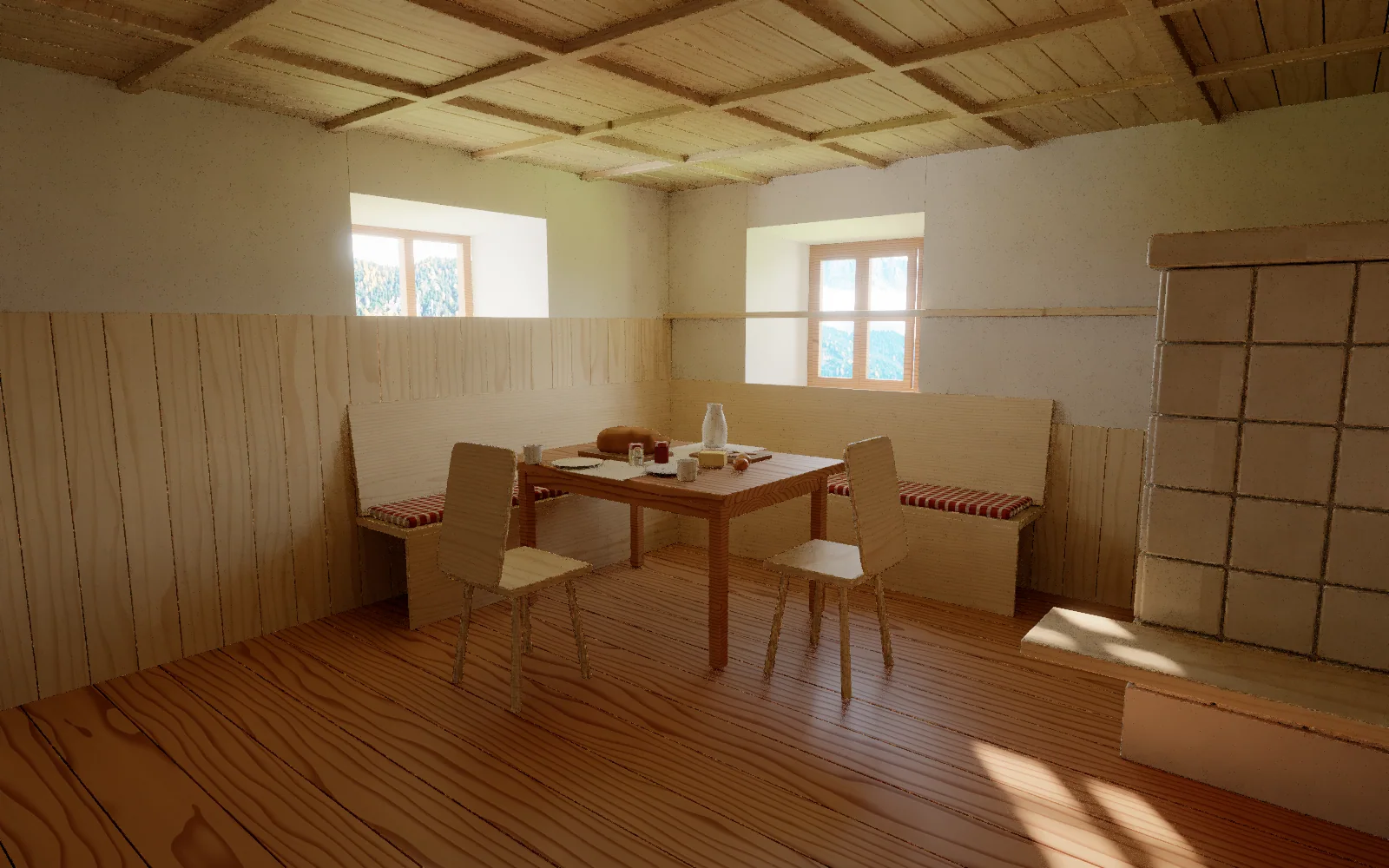 The Stube: spruce panelling, the cream tiled stove in the corner, and the corner bench with the breakfast table laid in the morning sun.