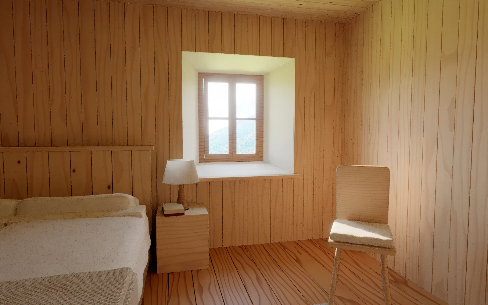 Zirbe from the foot of the bed: the deep window in the stone-pine panelling, the bedside lamp, and a chair with a sheepskin.