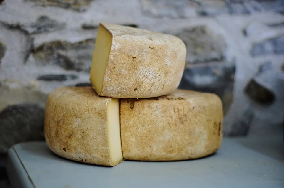 Two wheels of hard cheese, one cut, on a stone ledge