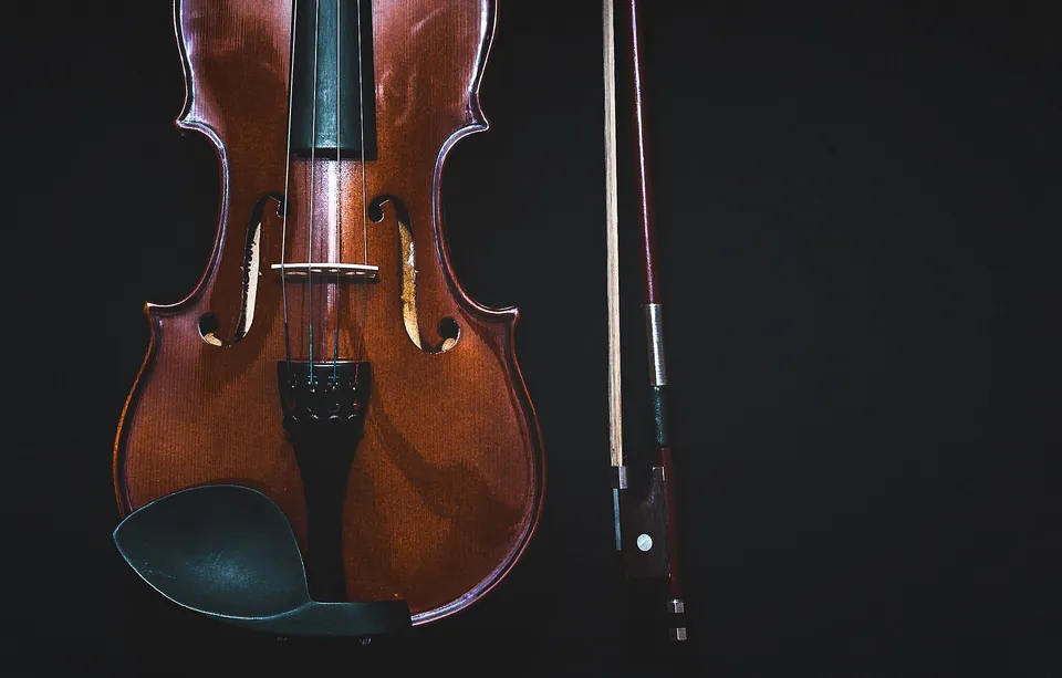 A violin and its bow standing against a black wall