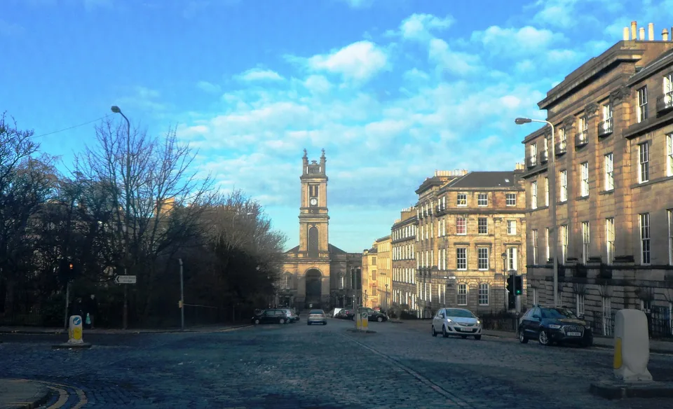 St Stephen’s Church at the end of St Stephen Street, Stockbridge, under a blue sky