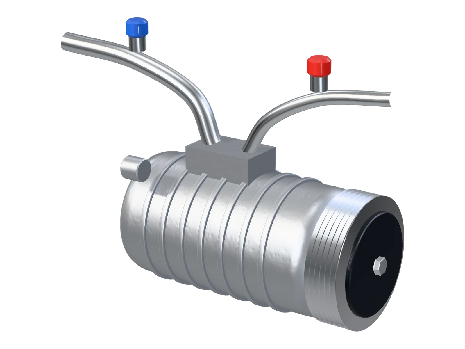 An A/C compressor with its pulley and the blue and red service-port caps