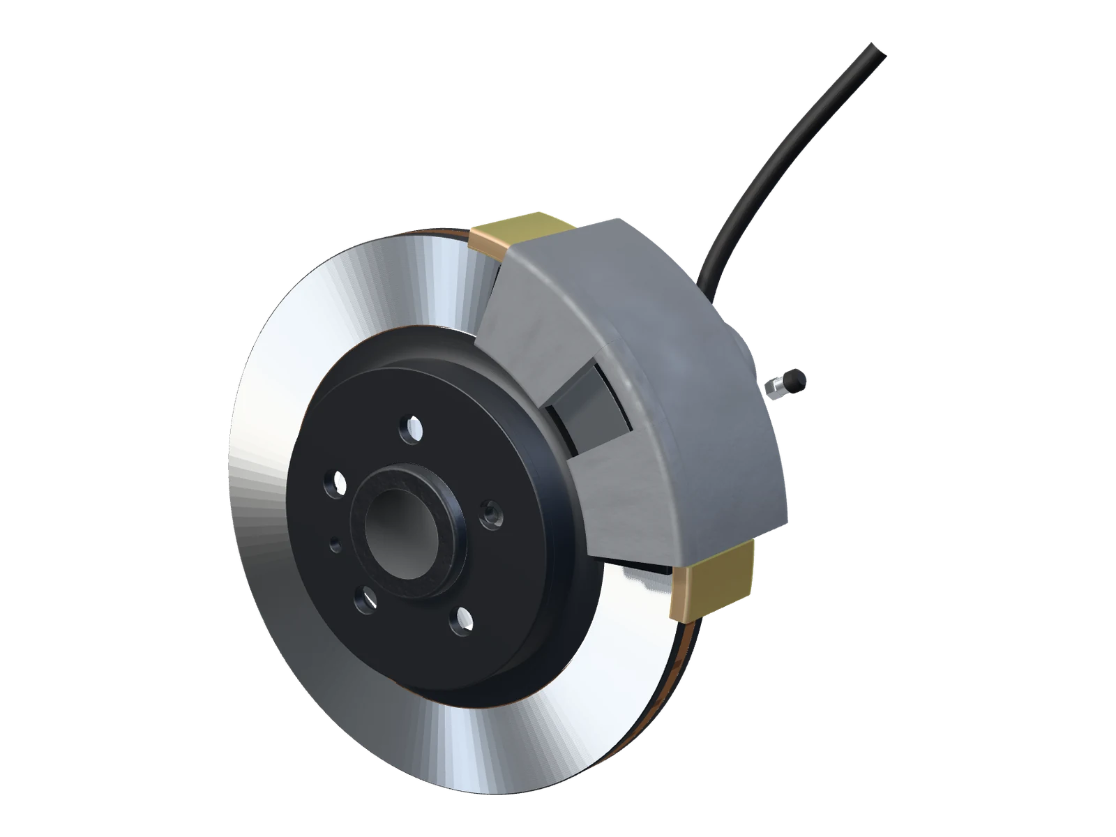 A front brake: turned disc, caliper on its carrier, the hub