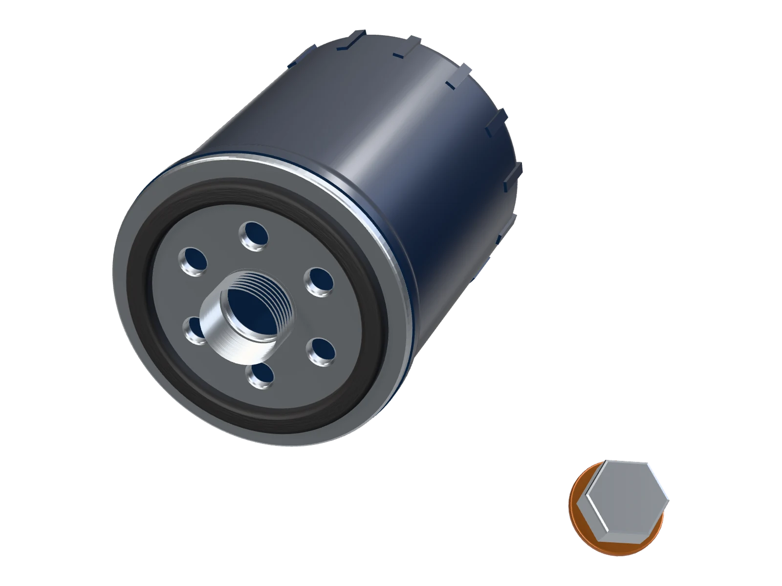A spin-on oil filter and a drain plug with a new copper washer