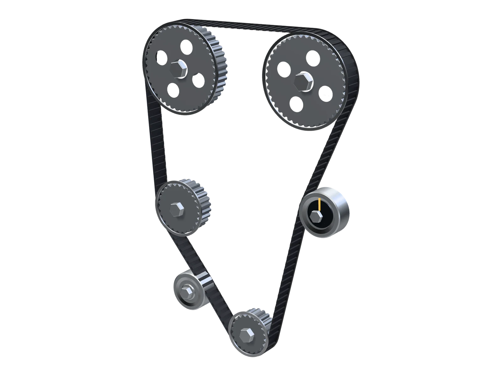 A timing belt kit on its sprockets: crank, two cams, water pump, tensioner, idler