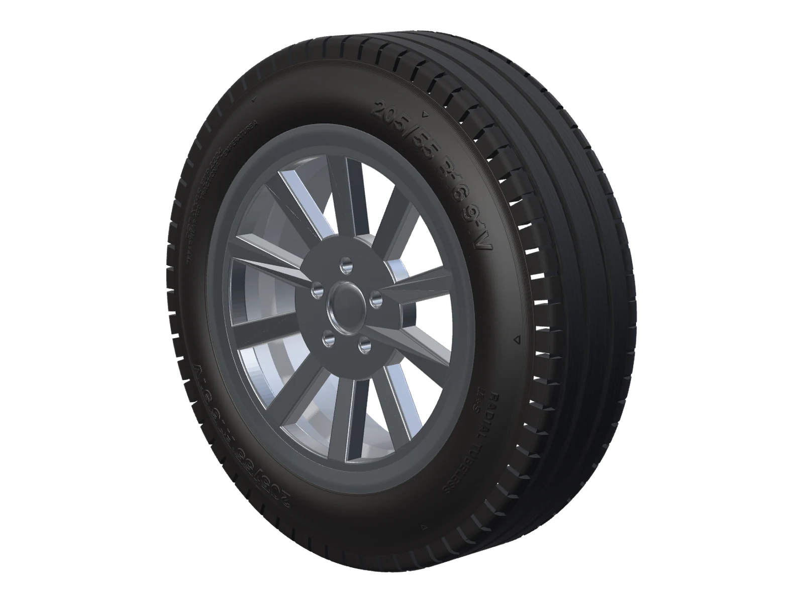 A 205/55 R16 tyre on a ten-spoke alloy, sidewall lettering visible