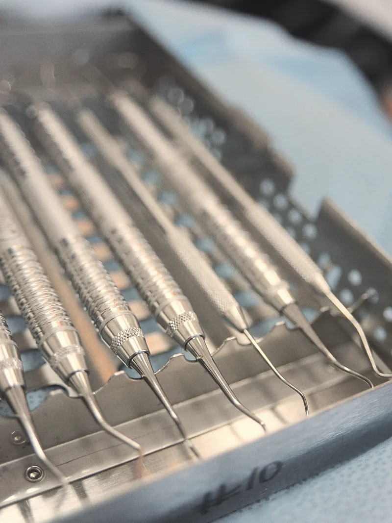 Hand instruments laid in a steel cassette, straight out of sterilisation