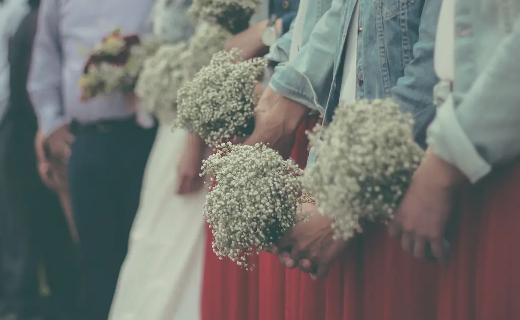 Bridesmaids holding round bunches of gypsophila