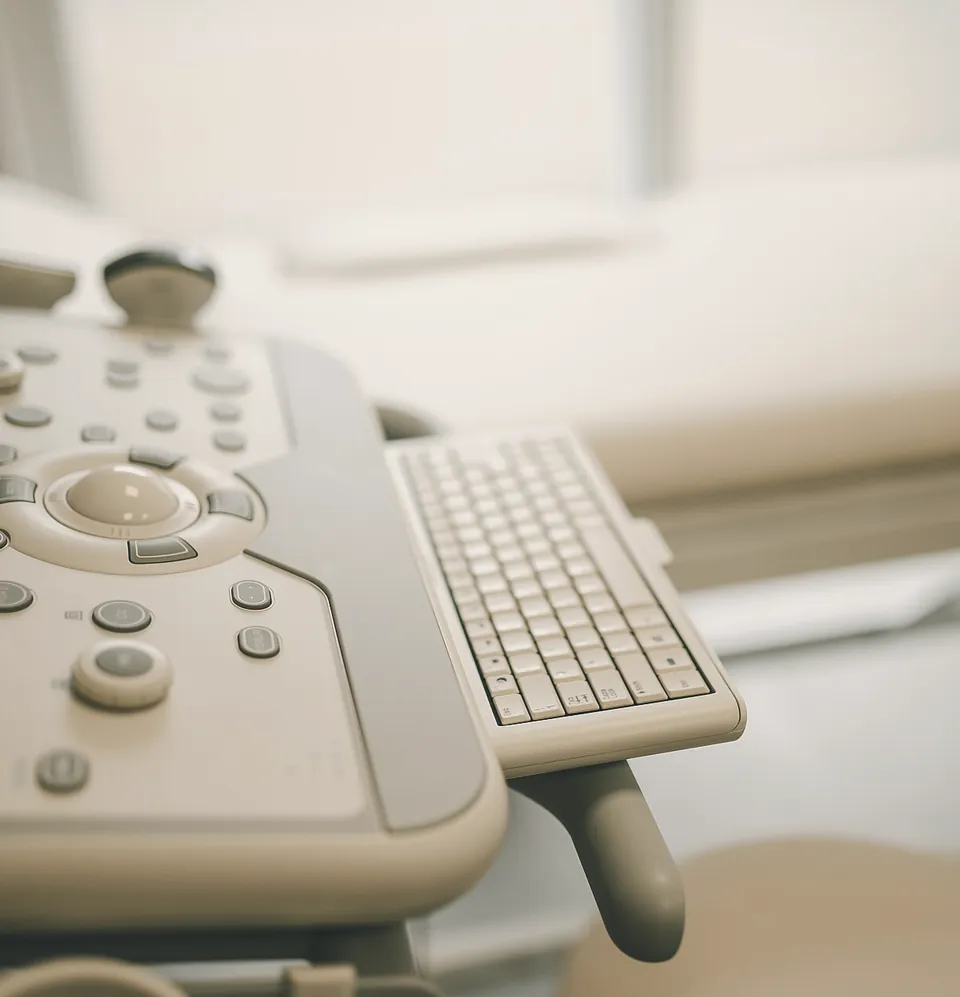 An ultrasound machine's control panel and keyboard beside the examination couch.