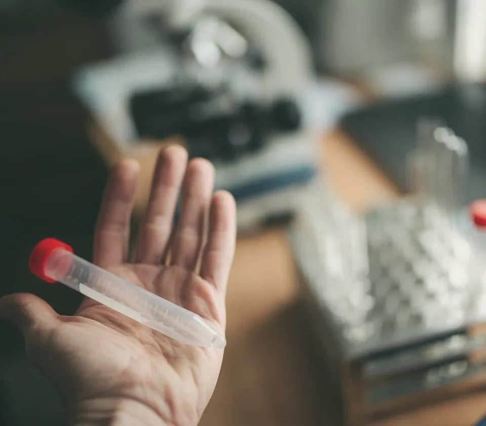 A capped sample tube in an open palm, a rack of tubes behind it.