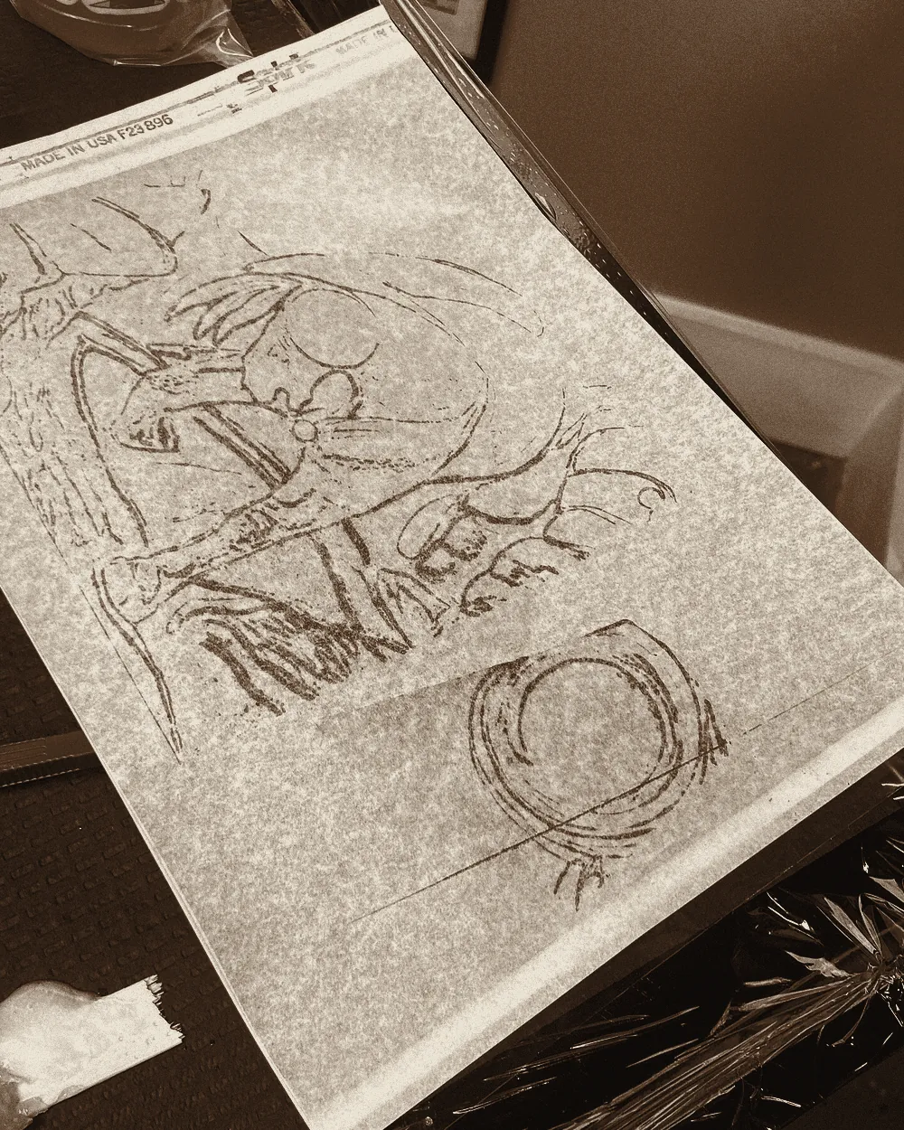 The drawing on thermal paper, before it goes onto skin.