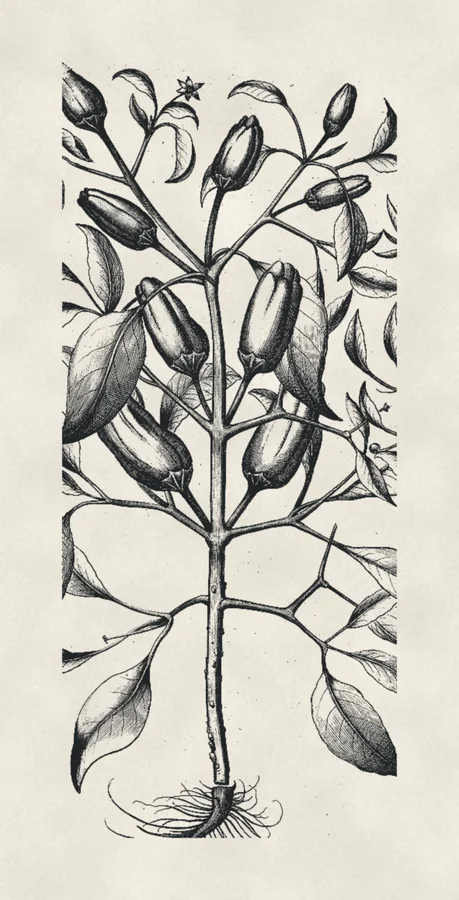 Pepper branch, drawing on paper, after Besler, 1613