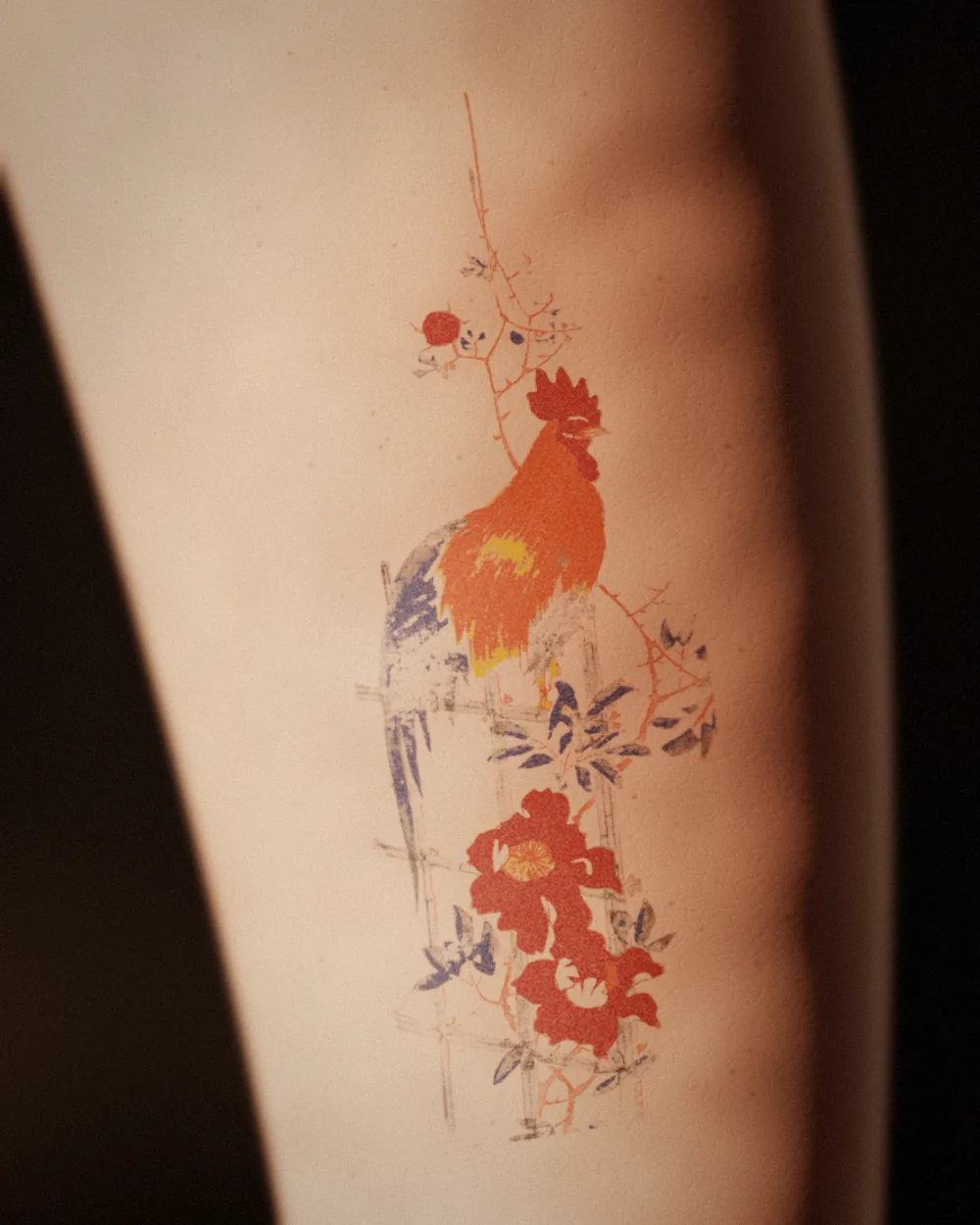 Cockerel and peony tattoo, after Hiroshige, 1854, on the calf, healed 7 months