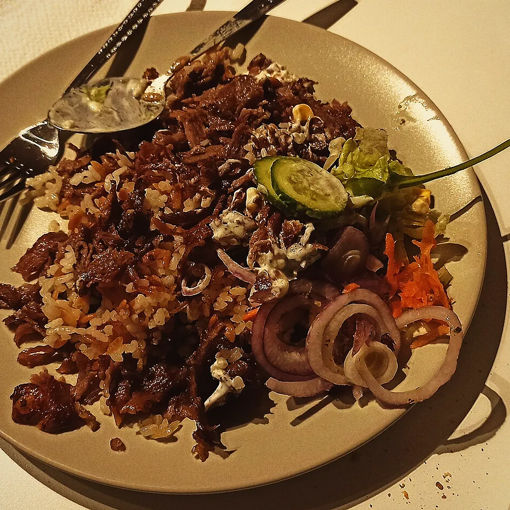 Shaved meat, onions and salad on a plate