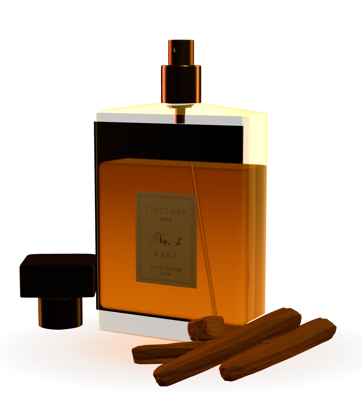 No. 4 Faba, uncapped, its square cap and three sandalwood sticks beside it