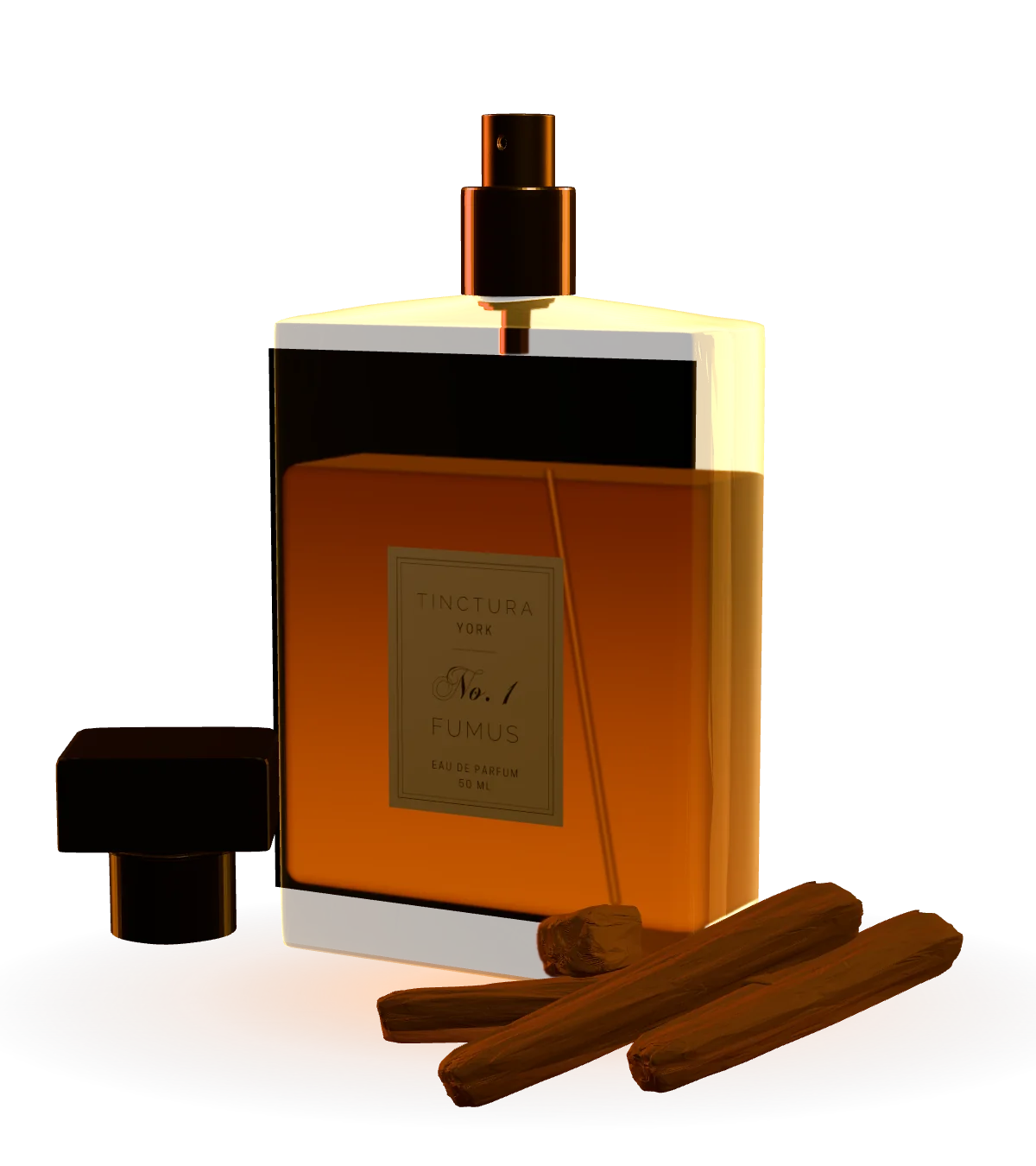 No. 1 Fumus, uncapped, its square cap and three sandalwood sticks beside it