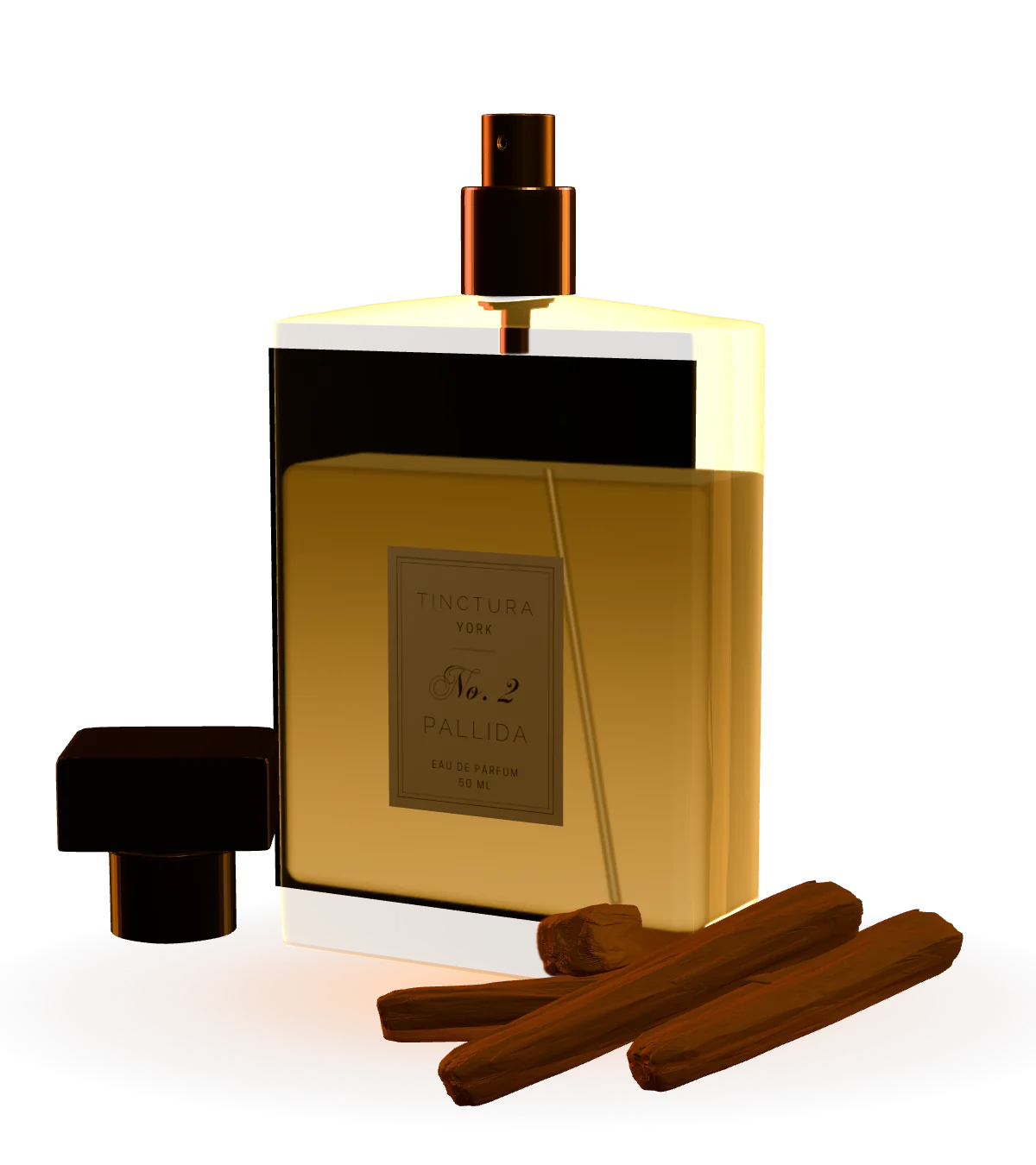 No. 2 Pallida, uncapped, its square cap and three sandalwood sticks beside it