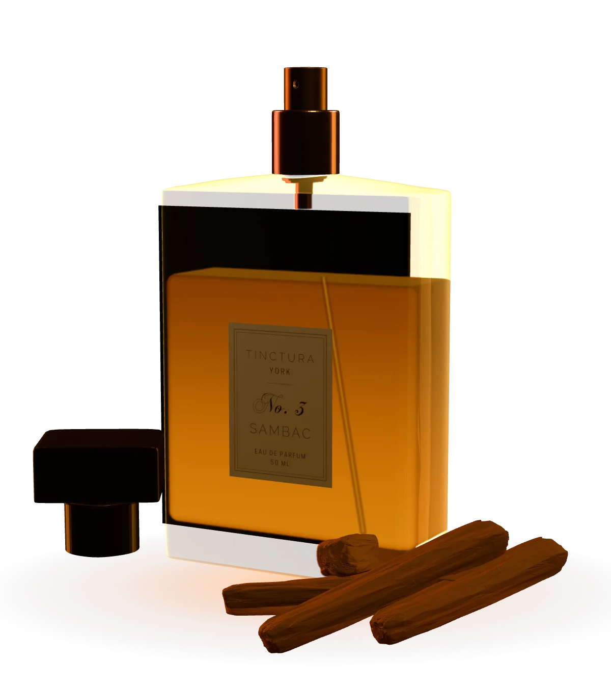 No. 3 Sambac, uncapped, its square cap and three sandalwood sticks beside it