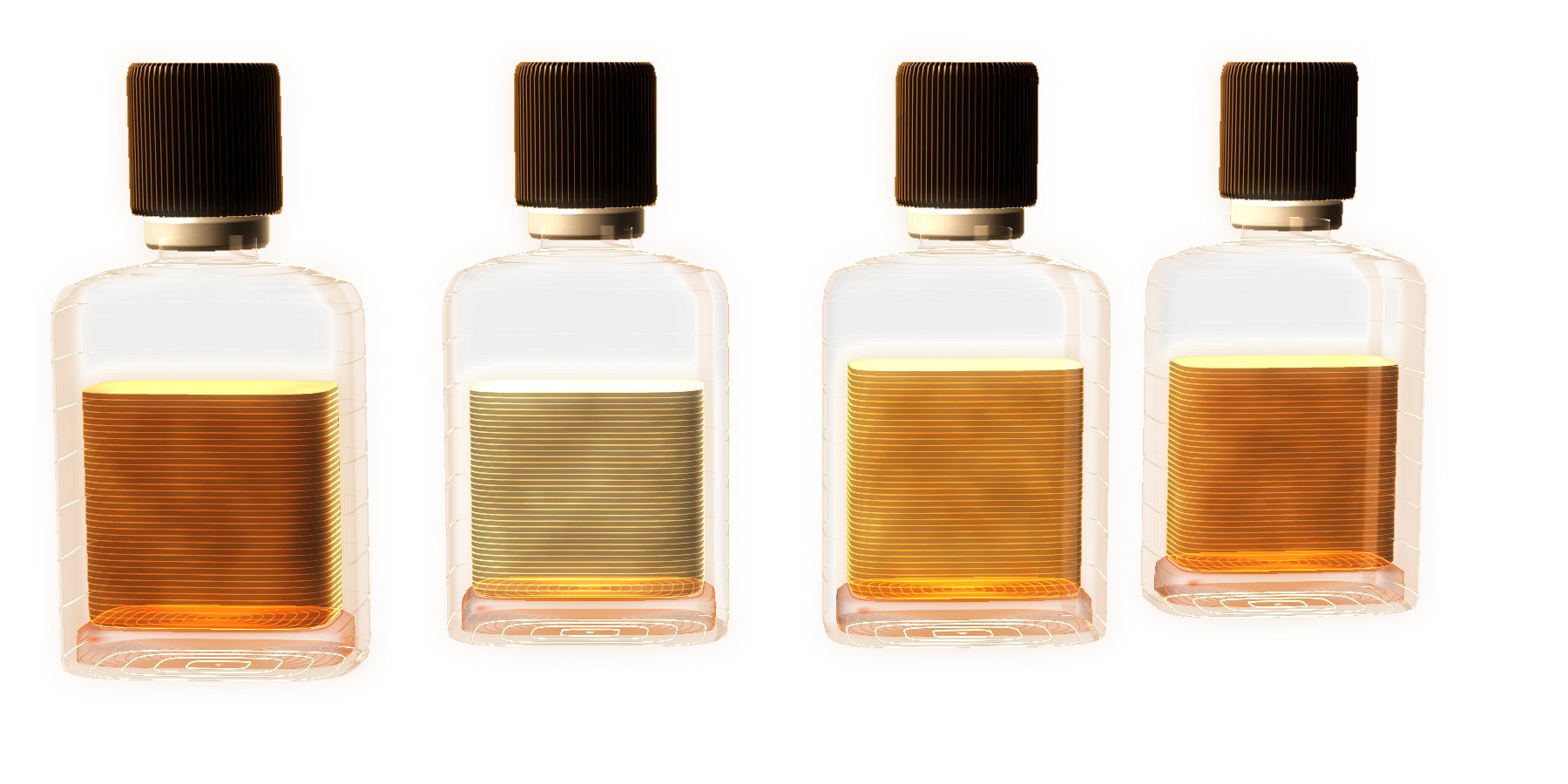 The four Tinctura bottles in a row: Fumus, Pallida, Sambac and Faba, each a different depth of amber