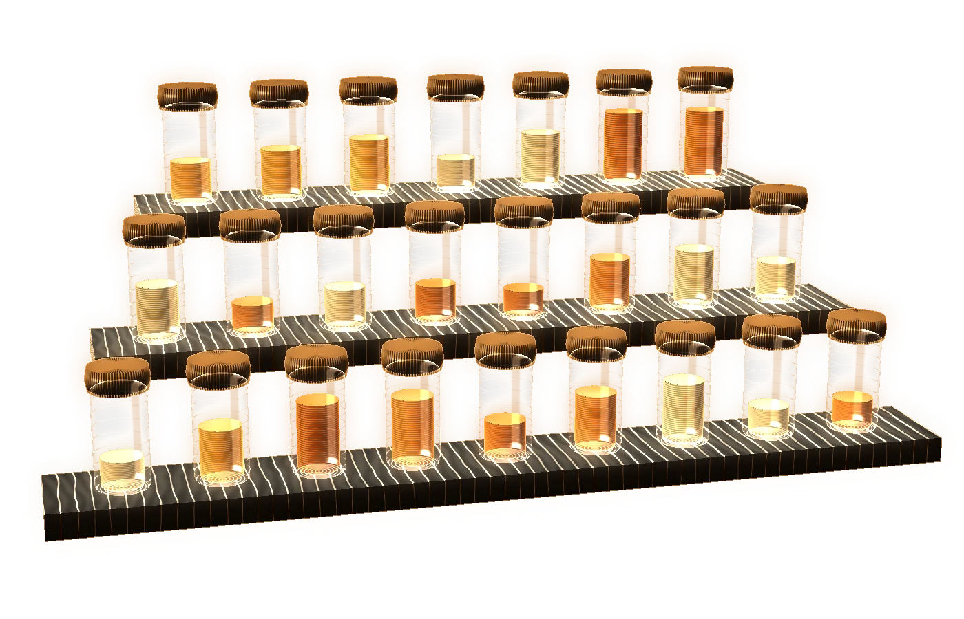 The organ: three tiers of small bottles of raw materials on a wooden bench