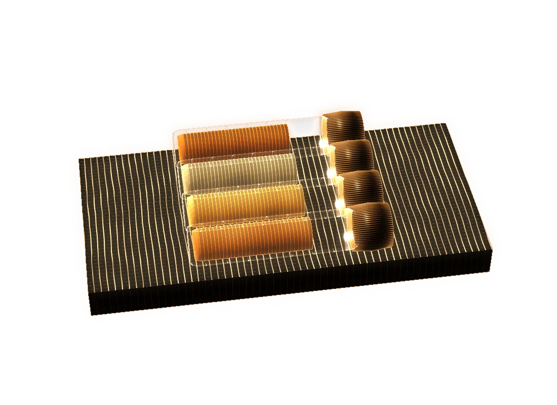 Four 2 ml sample vials lying in a wooden tray