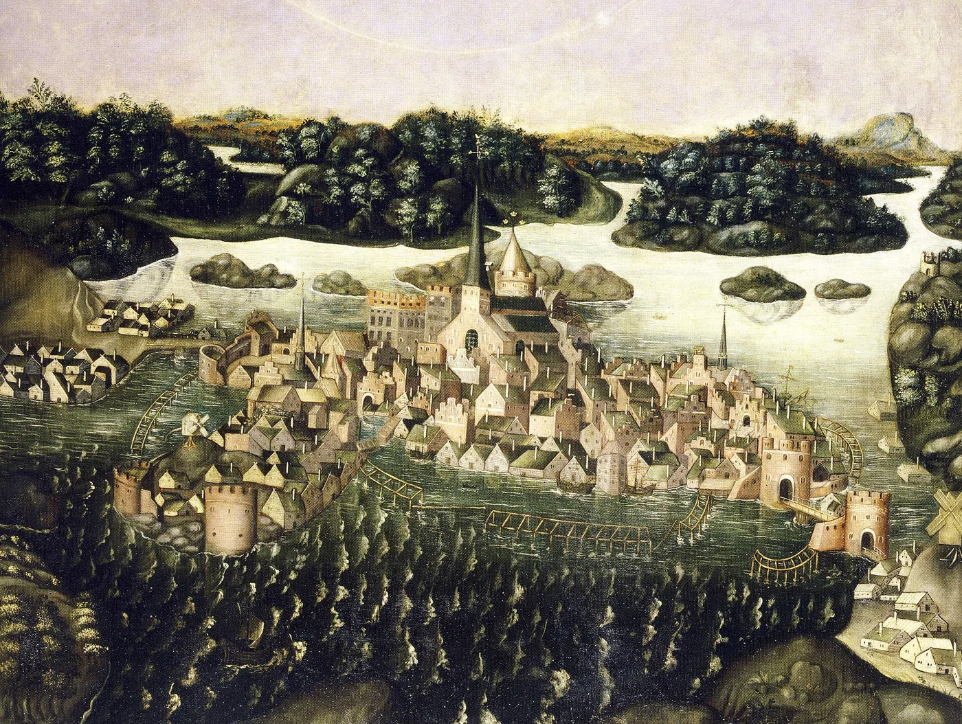 Detail of Vädersolstavlan: Stockholm on its islands, with the lower edge of the circles in the sky above