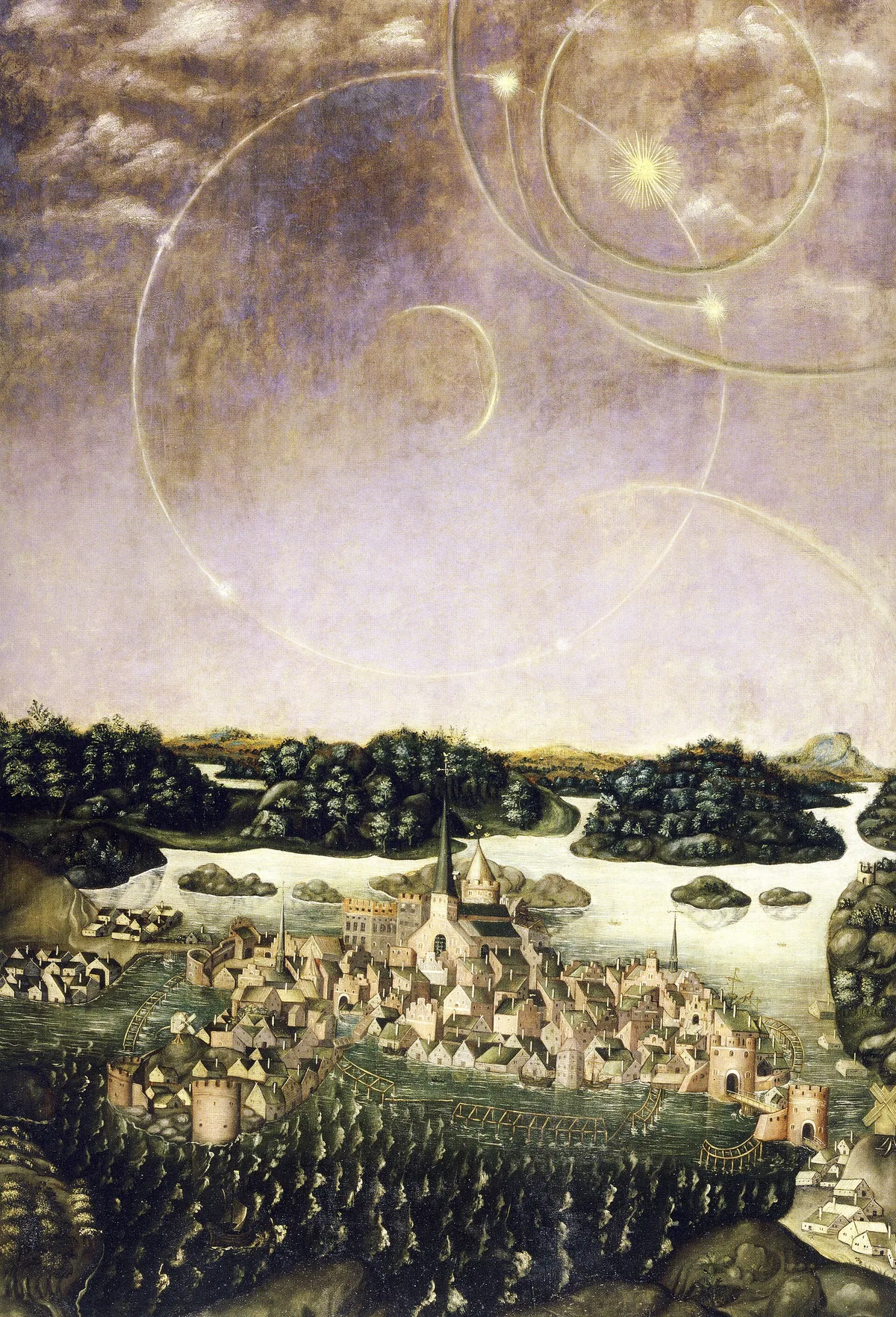 Vädersolstavlan: the walled town of Stockholm on its islands under a sky crossed by white circles and arcs, with a bright sun and two smaller suns on the circles