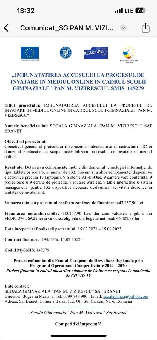 Comunicat proiect POC/REACT-EU SMIS 145279 „Îmbunătățirea accesului la procesul de învățare în mediul online” (132 tablete, 9 table interactive)