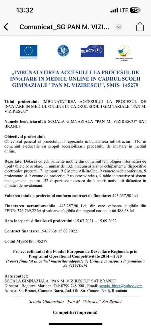 Comunicat proiect POC/REACT-EU SMIS 145279 „Îmbunătățirea accesului la procesul de învățare în mediul online” (132 tablete, 9 table interactive)