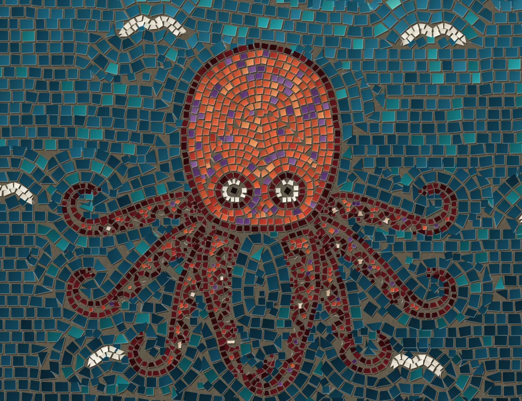 The octopus, arms curling back on themselves