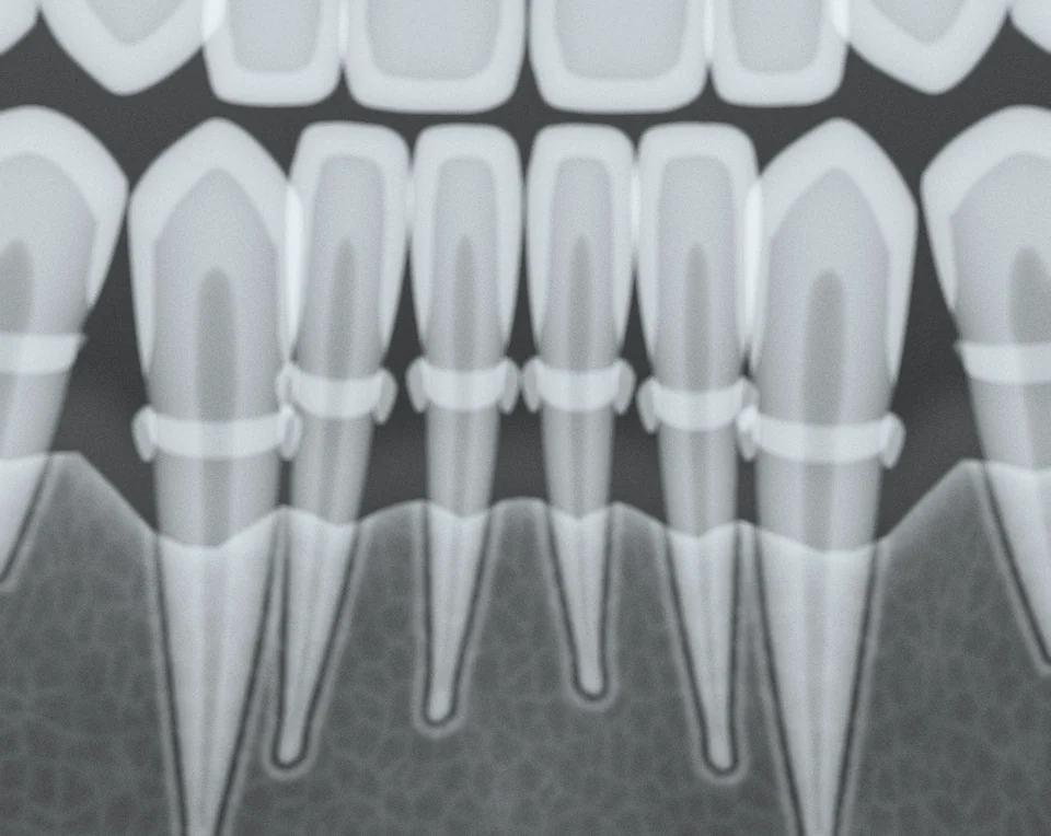 Radiografie: pierdere de os în jurul incisivilor inferiori, cu tartru.