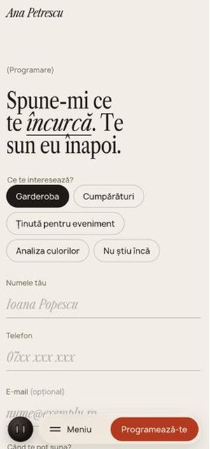 Ana Petrescu on a phone, programare page