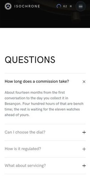 ISOCHRONE on a phone, index page