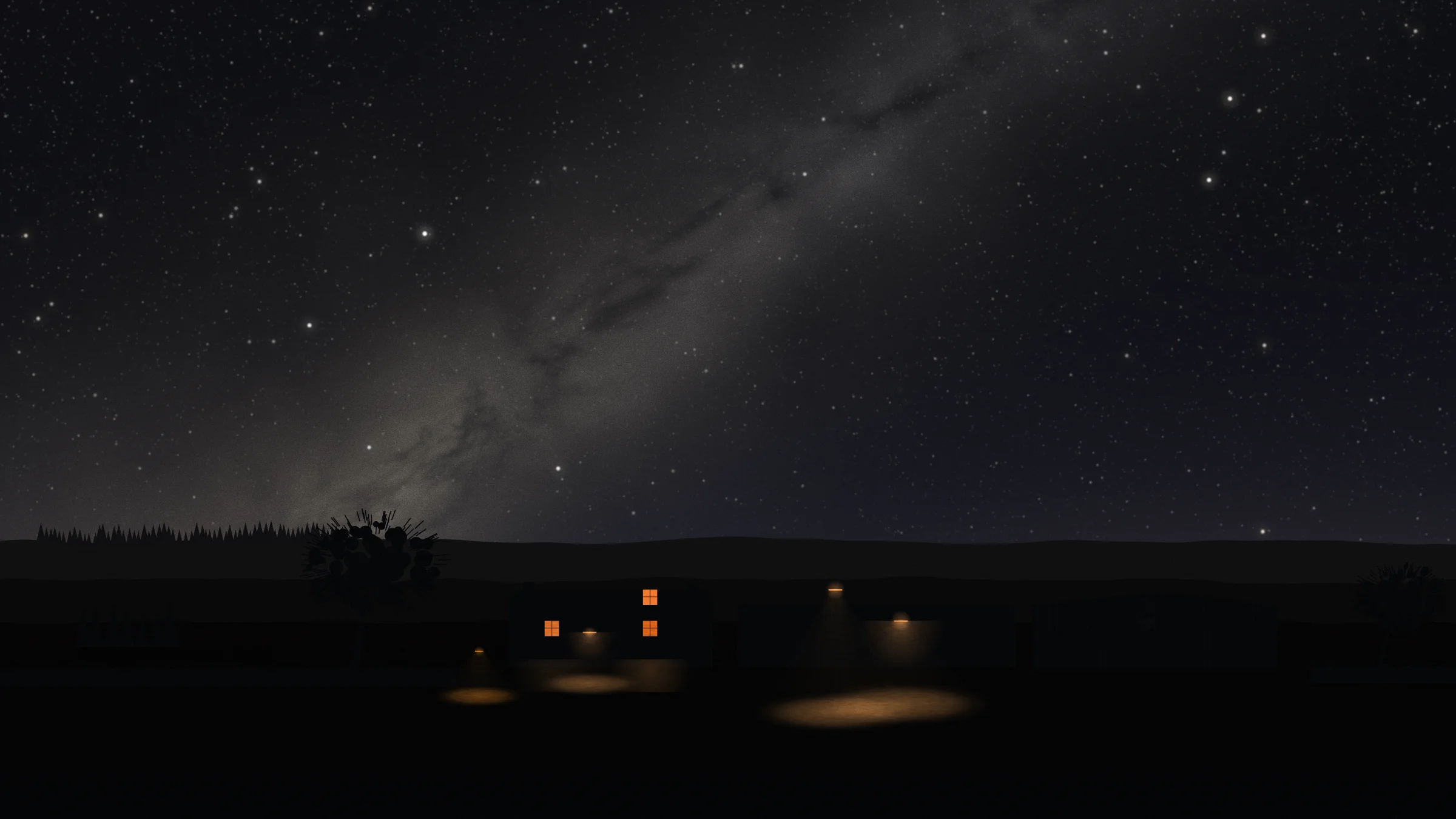 A Northumberland farmyard at night under the Milky Way, lit by four shielded warm lights
