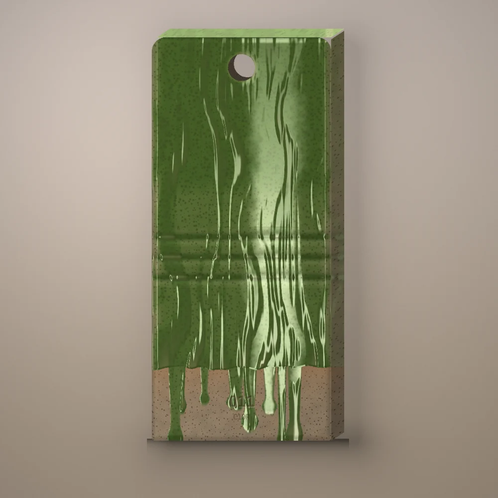 Test tile 011, wood ash glaze, green rivulets running over a speckled stoneware tile